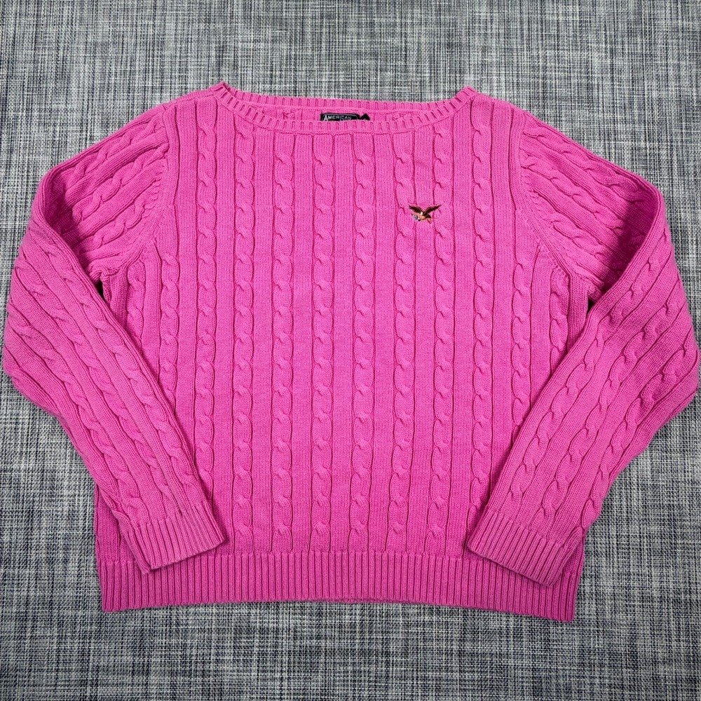 American Living Womens XL Pink Cable-Knit Scoop-Neck Sweater Eagle Embroidery